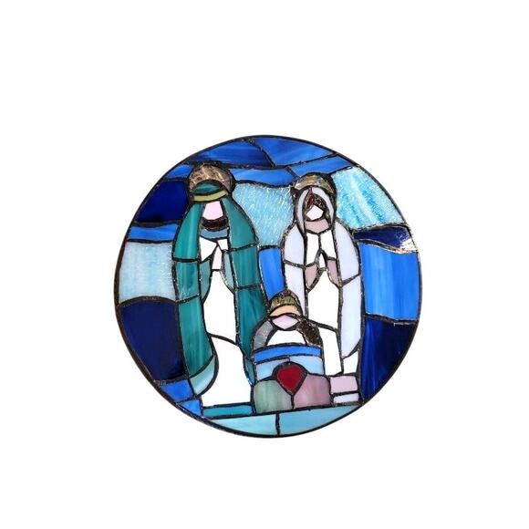 Stained Glass Nativity Scene Handcrafted Round Hanging Creches 11.25" Blue - Picture 2 of 5